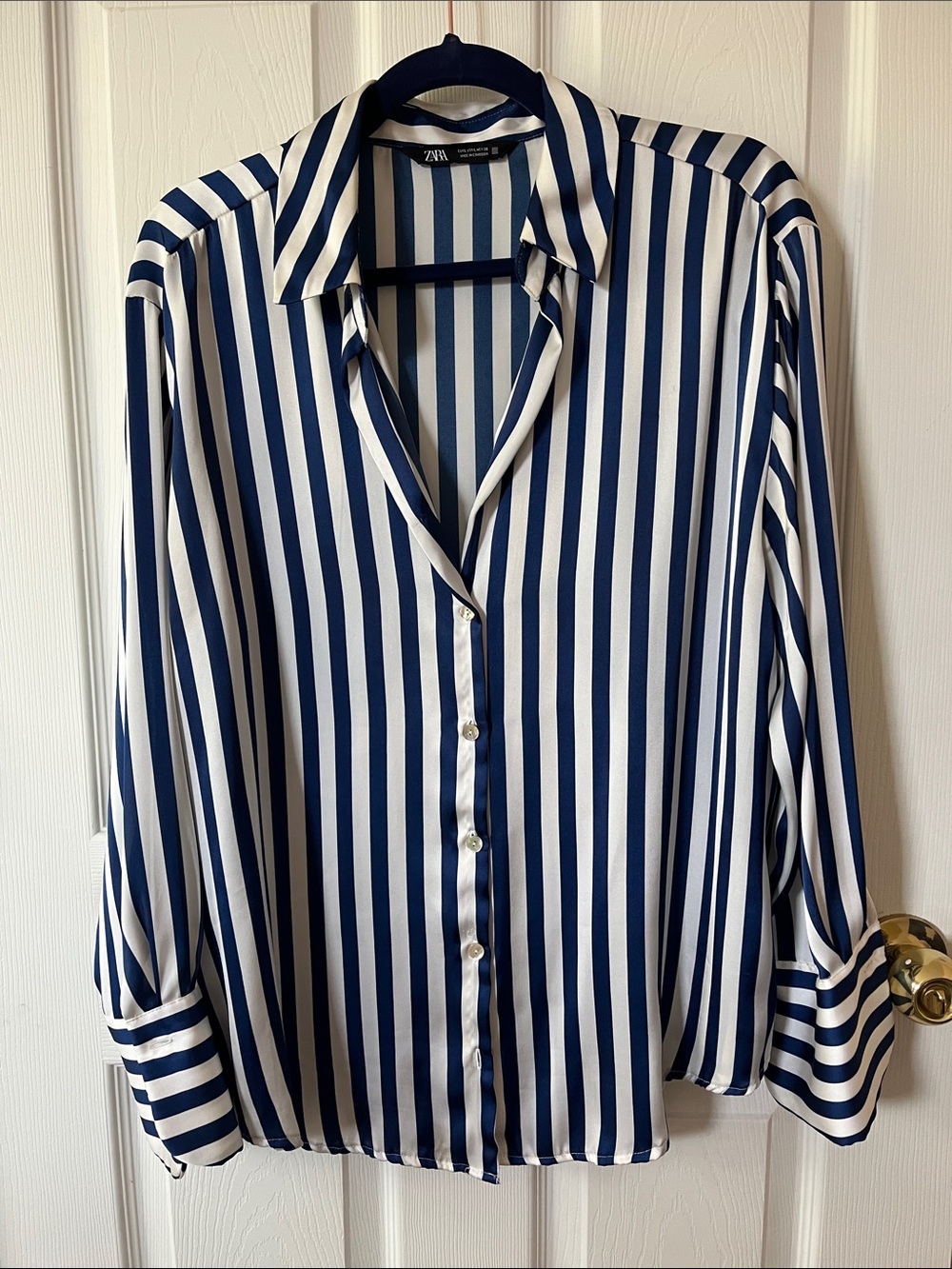 ZARA Navy & White Vertical Stripe Satin Button-Down Shirt w/ French Cuff Sleeves